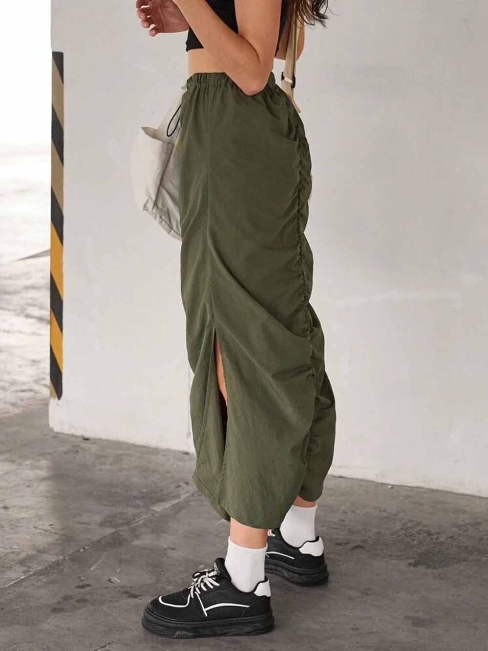 Love Tree Olive Green Side-Ruched Midi Skirt